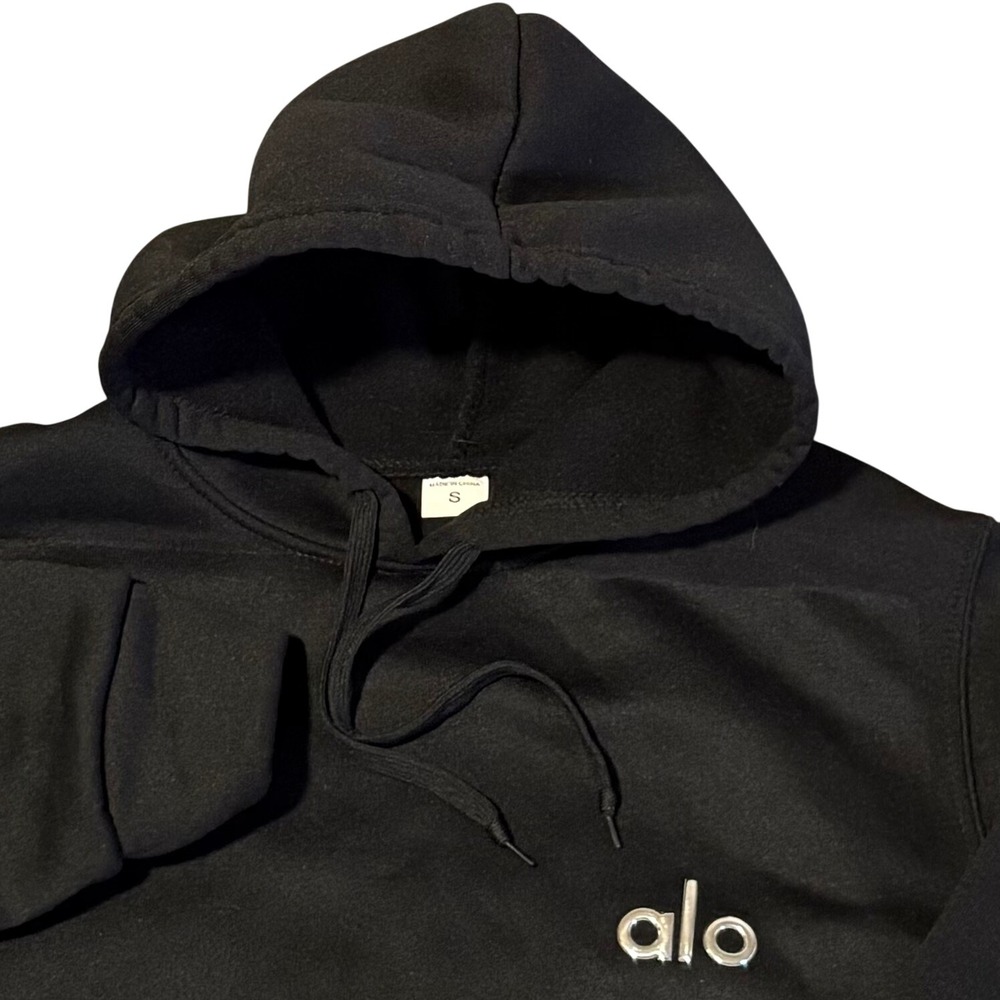 Alo Hoodie Womens Small Black Fleece Lined Pullover Sweatshirt Logo Athleisure